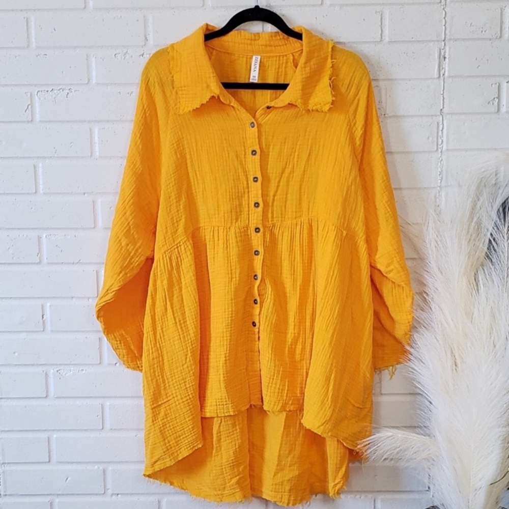 NWT Zenana Outfitters Gauz Freyed Hem Tunic Orange/Gold 3X